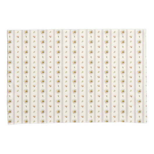 可愛いヴィンテージデイジーストライプクリームホワイト 枕カバー (正面右)