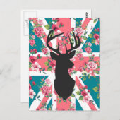 可愛いヴィンテージバラ英国ユニオンジャック国旗の鹿頭 ポストカード (正面/裏面)