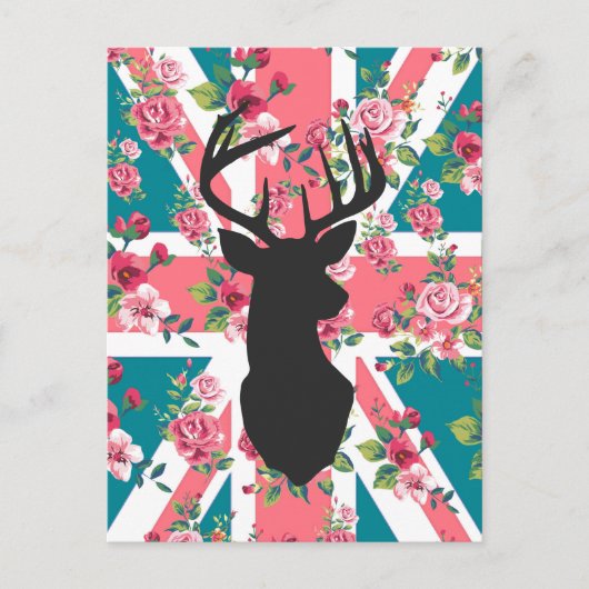 可愛いヴィンテージバラ英国ユニオンジャック国旗の鹿頭 ポストカード (正面)