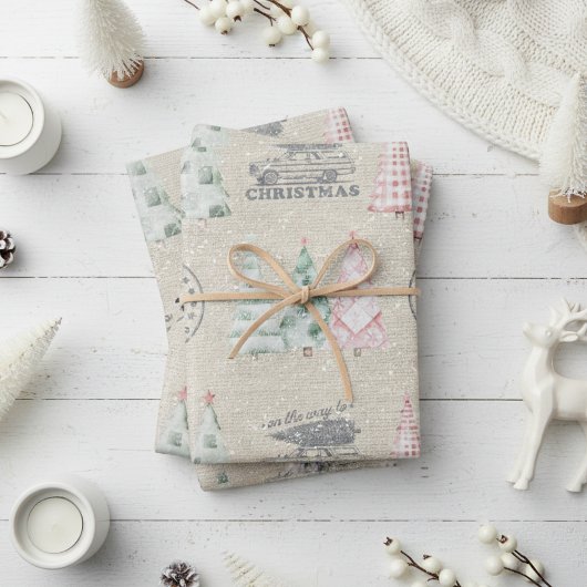 可愛いヴィンテージバーラップスタンプクリスマスツリーパターン ラッピングペーパーシート