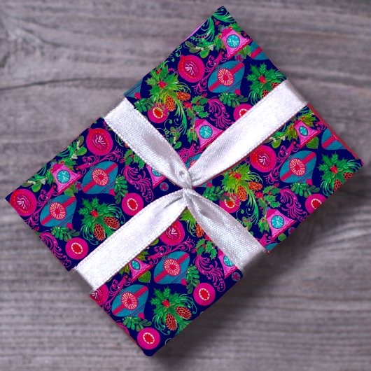 可愛いヴィンテージピンクのブルークリスマスオーナメント ラッピングペーパー