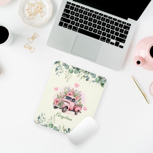 可愛いヴィンテージピンクフローラグリーン葉トラック マウスパッド