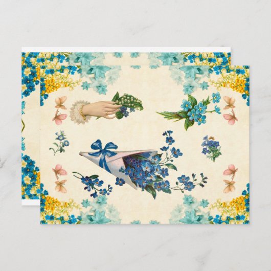 可愛いヴィンテージブルーとイエローのフローラの切り離 ポストカード (正面/裏面)