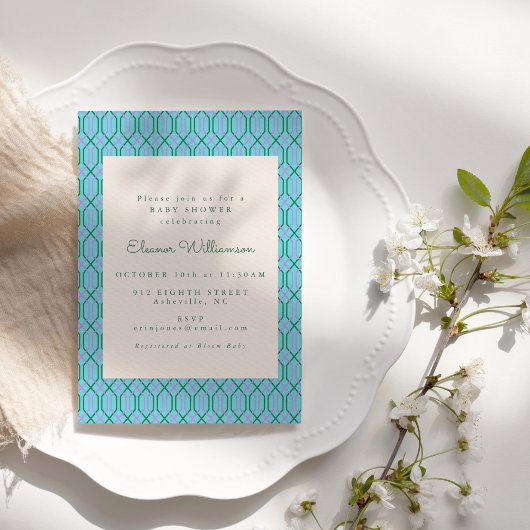 可愛いヴィンテージブルーグリーン幾何学赤ちゃんシャワー 招待状