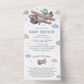 可愛いヴィンテージレトロブルー飛行機パイロットベビーシャワー オールインワン招待状 (内側)