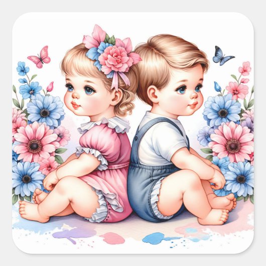 可愛いヴィンテージ双子 | 男の子と女 スクエアシール (正面)