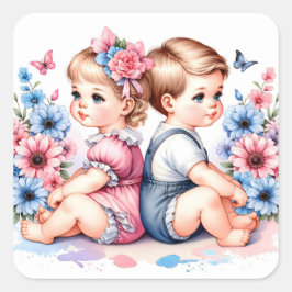 可愛いヴィンテージ双子 | 男の子と女 スクエアシール