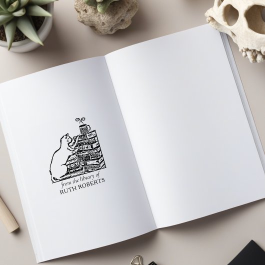 可愛いヴィンテージ図書館猫 ラバースタンプ