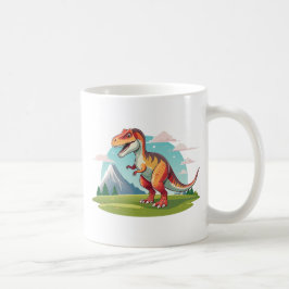 可愛いヴィンテージ恐竜Tレックスと山 コーヒーマグカップ