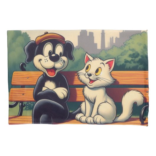 可愛いヴィンテージ犬/猫漫画 枕カバー (正面)