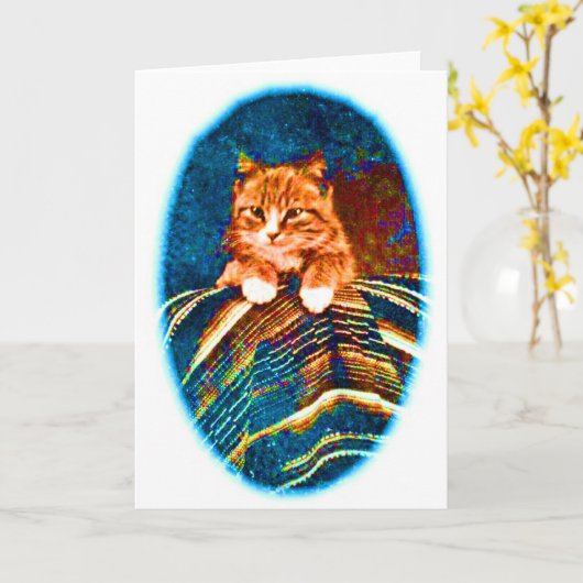 可愛いヴィンテージ猫の敷物付き子猫 カード (黄色い花)