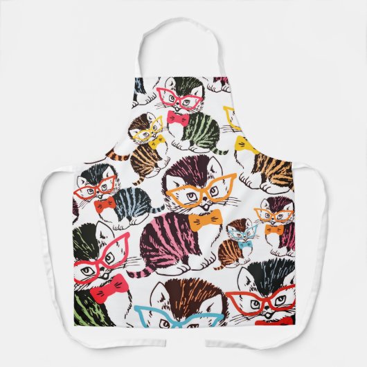 可愛いヴィンテージ猫の蝶ネクタイ眼鏡キッチン エプロン (正面)