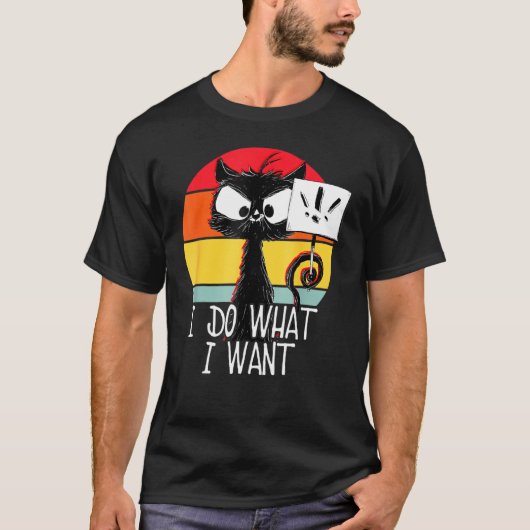 可愛いヴィンテージ猫レトロ猫I Do I What I Want I To Black Tシャツ (正面)
