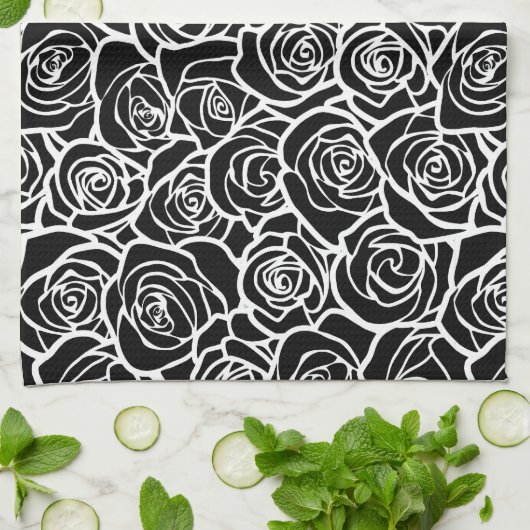 可愛いヴィンテージ白黒のバラ キッチンタオル (折り畳み)