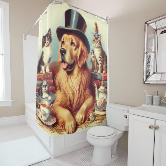 可愛いヴィンテージ絵画犬 シャワーカーテン (インサイチュ)