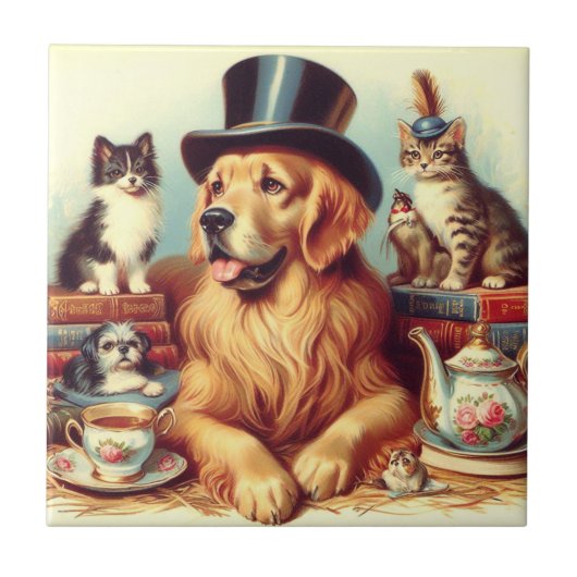 可愛いヴィンテージ絵画犬 タイル (正面)