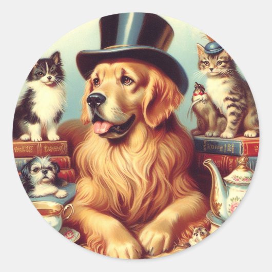 可愛いヴィンテージ絵画犬 ラウンドシール (正面)