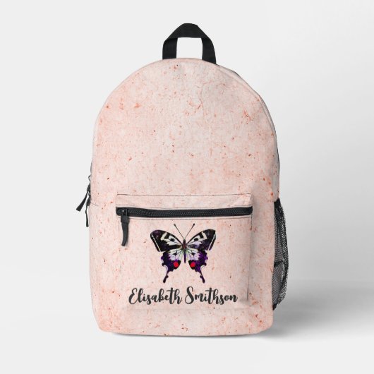 可愛いヴィンテージ蝶あなたの名前を追加パステルピンク プリントバックパック (正面)