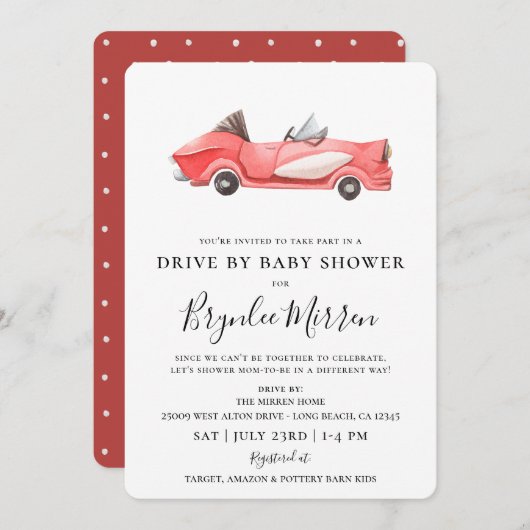 可愛いヴィンテージ赤いレーサードライブbyベビーシャワー 招待状 (正面/裏面)