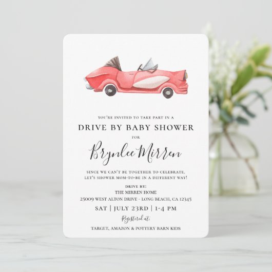 可愛いヴィンテージ赤いレーサードライブbyベビーシャワー 招待状 (スタンド正面)