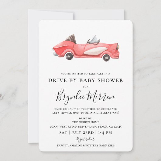 可愛いヴィンテージ赤いレーサードライブbyベビーシャワー 招待状 (正面)