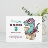 可愛いヴェロキラプターインボックスキッズ恐竜誕生日 招待状 (スタンド正面)