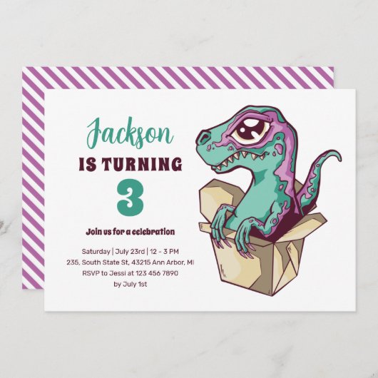 可愛いヴェロキラプターインボックスキッズ恐竜誕生日 招待状 (正面/裏面)