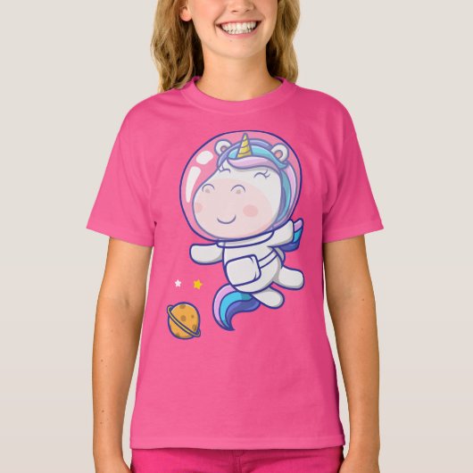 可愛い一角獣宇宙飛行士が宇宙 Tシャツ (正面)