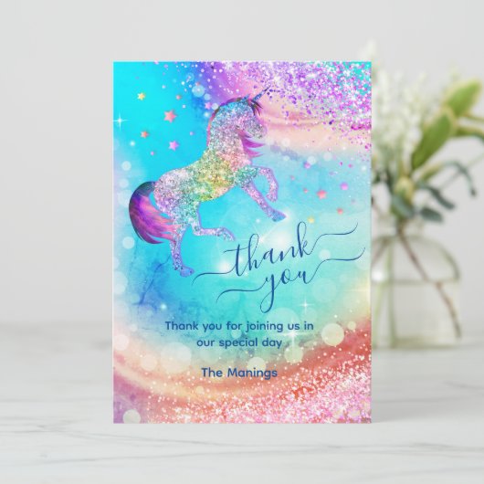 可愛い一角虹色ガーリーグリッター感謝していユー カード (スタンド正面)