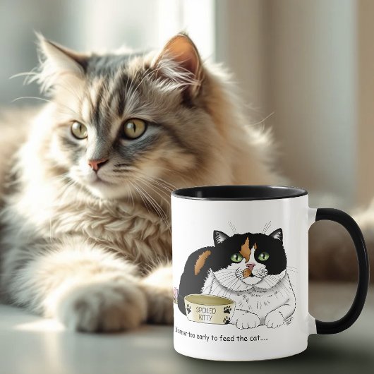 可愛い三毛猫に餌をあげて ピンク マグカップ