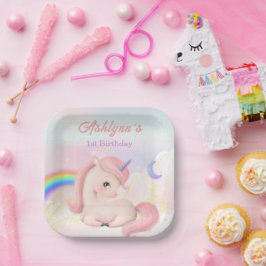 可愛い上品なピンクの水彩ユニコーン スクウェア ペーパープレート