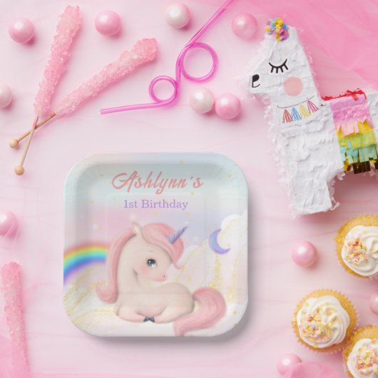 可愛い上品なピンクの水彩ユニコーン スクウェア ペーパープレート (パーティー)