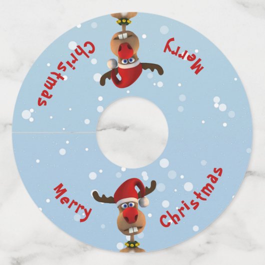 可愛い不器用おもしろいトナカイのクリスマスサンタハット ワイングラスタグ (正面)