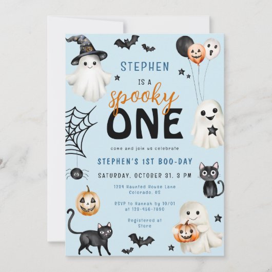可愛い不気味ワンブルーハロウィーン少年1歳の誕生日 招待状 (正面)