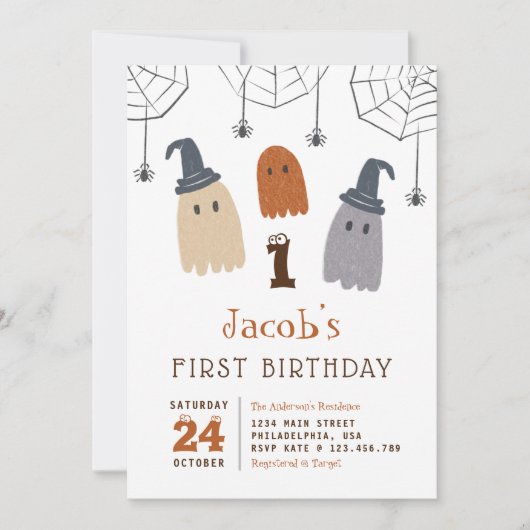 可愛い不気味幽霊たちとスパイダーズ初誕生日 招待状 (正面)