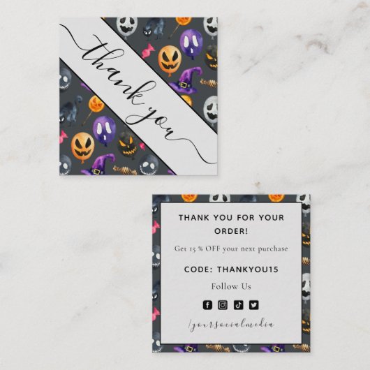 可愛い不気味水彩ハロウィンモンスターありがとう スクエア名刺 (正面/裏面)