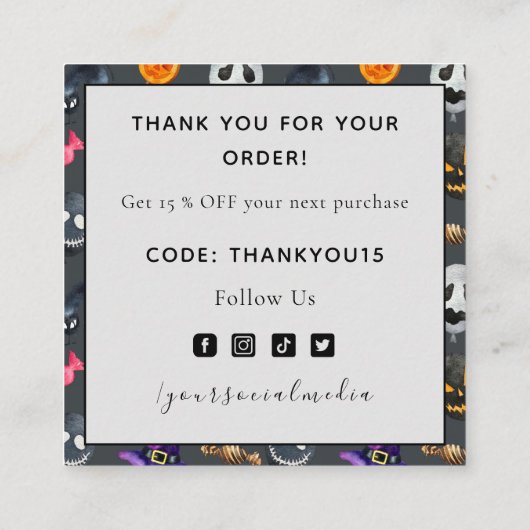 可愛い不気味水彩ハロウィンモンスターありがとう スクエア名刺 (裏面)