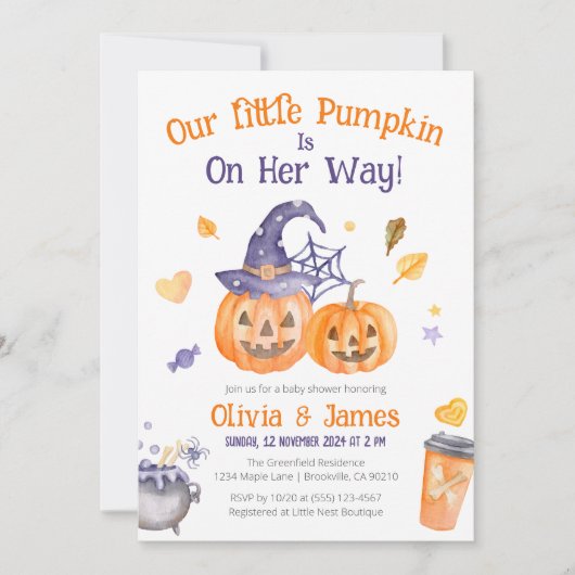 可愛い不気味水彩小さなかぼちゃ赤ちゃんシャワー 招待状 (正面)