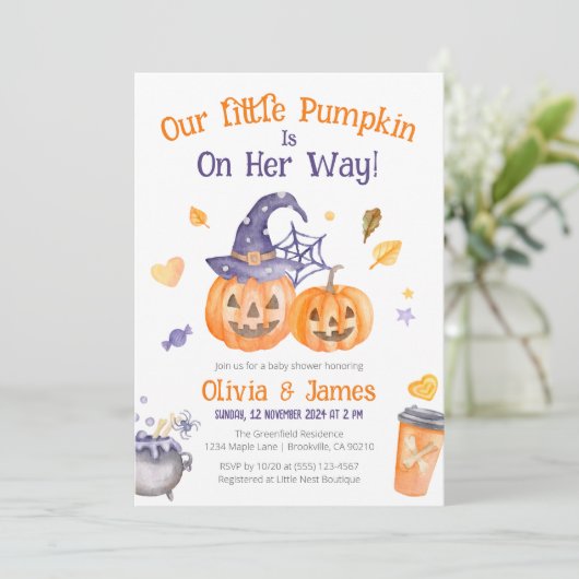 可愛い不気味水彩小さなかぼちゃ赤ちゃんシャワー 招待状 (スタンド正面)