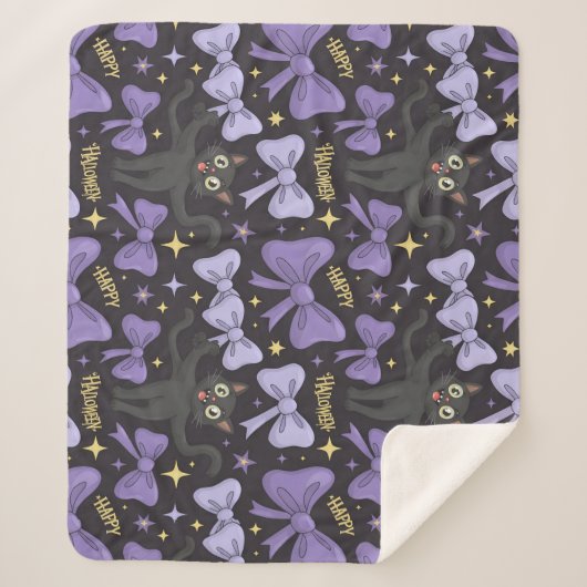 可愛い不気味黒猫&ボウシームレスハロウィーン シェルパブランケット (正面)