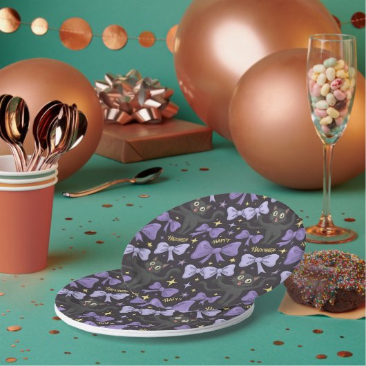 可愛い不気味黒猫&ボウシームレスハロウィーン ペーパープレート (複数)