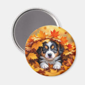 可愛い仔犬と落ち葉 マグネット (正面/裏面)