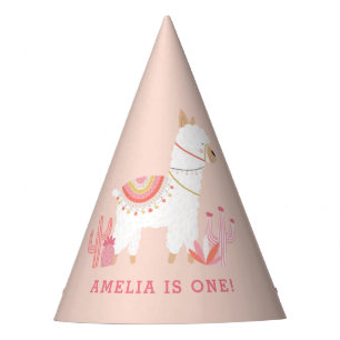 可愛い全体ラマおもしろいピンク1歳の誕生日 パーティーハット