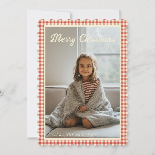可愛い写真クリスマスファミリー赤い格子模様ギンガム シーズンカード (正面)