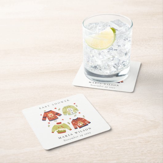 可愛い冬のハート葉の醜いセーター赤ちゃんシャワー スクエアペーパーコースター (インサイチュ)