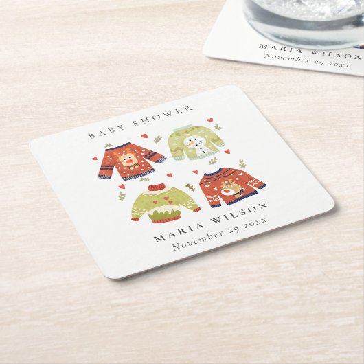 可愛い冬のハート葉の醜いセーター赤ちゃんシャワー スクエアペーパーコースター (アングル)