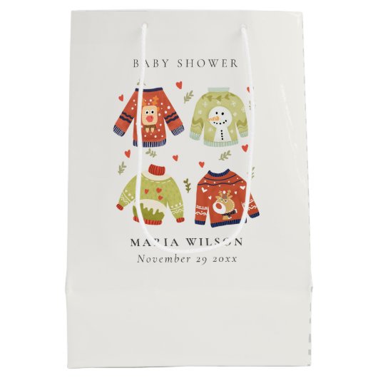 可愛い冬のハート葉の醜いセーター赤ちゃんシャワー ミディアムペーパーバッグ (裏面)