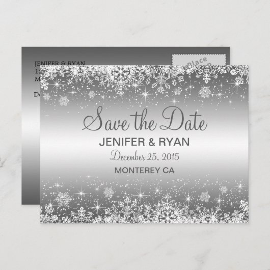 可愛い冬の結婚式は日付はがきを保存 案内ポストカード (正面/裏面)