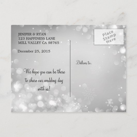 可愛い冬の結婚式は日付はがきを保存 案内ポストカード (裏面)