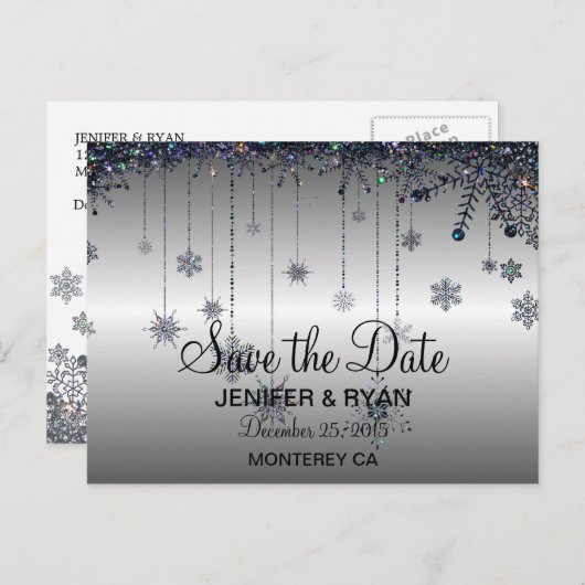 可愛い冬の結婚式は日付はがきを保存 案内ポストカード (正面/裏面)